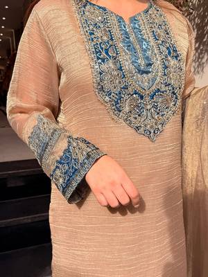 Beige crunchy silk heavy thread embroidery work kurta palazzo set 5