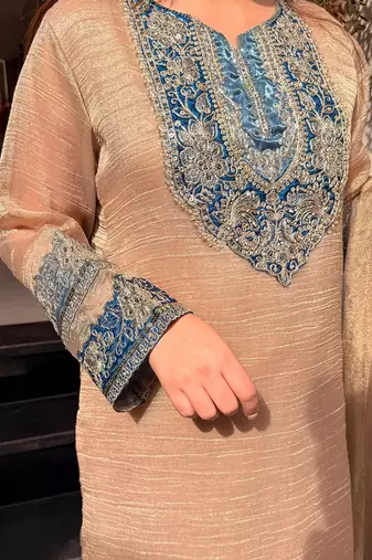Beige crunchy silk heavy thread embroidery work kurta palazzo set