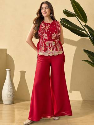 Rani pink vichitra heavy thread embroidery work kurta palazzo with blouse set 1