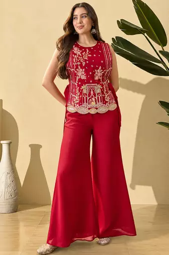 Rani pink vichitra heavy thread embroidery work kurta palazzo with blouse set