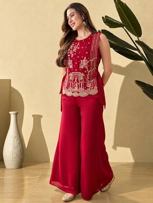 Rani pink vichitra heavy thread embroidery work kurta palazzo with blouse set 2
