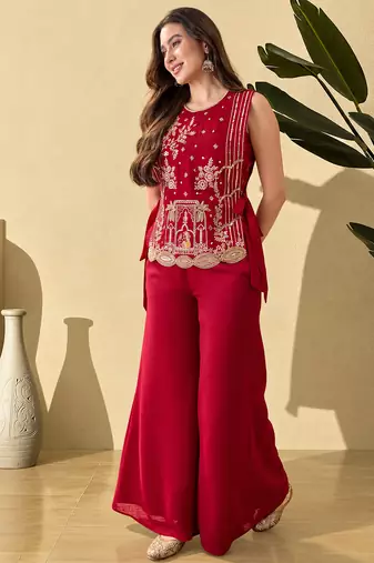Rani pink vichitra heavy thread embroidery work kurta palazzo with blouse set