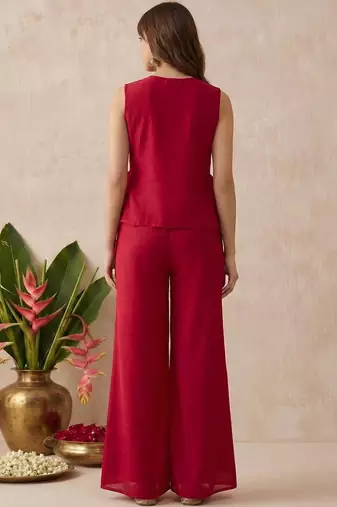 Rani pink vichitra heavy thread embroidery work kurta palazzo with blouse set