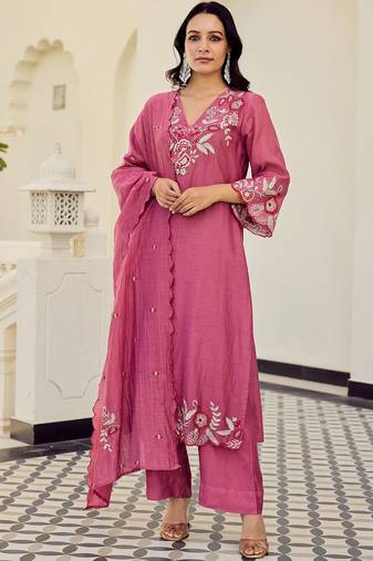 Pink cotton heavy thread embroidery work kurta pant set