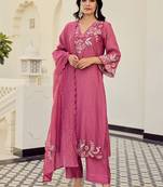 Pink cotton heavy thread embroidery work kurta pant set