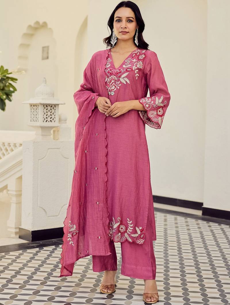 Pink cotton heavy thread embroidery work kurta pant set