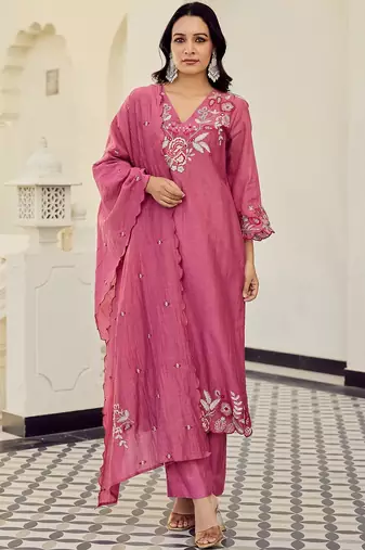 Pink cotton heavy thread embroidery work kurta pant set