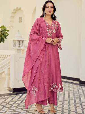 Pink cotton heavy thread embroidery work kurta pant set 3