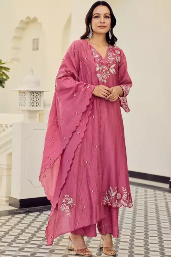 Pink cotton heavy thread embroidery work kurta pant set