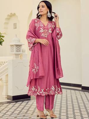 Pink cotton heavy thread embroidery work kurta pant set 4