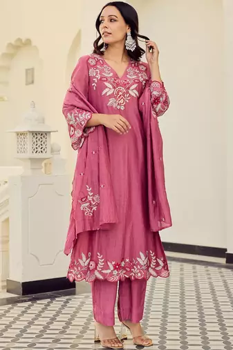 Pink cotton heavy thread embroidery work kurta pant set