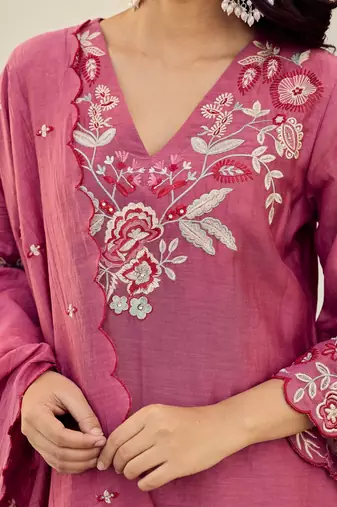 Pink cotton heavy thread embroidery work kurta pant set