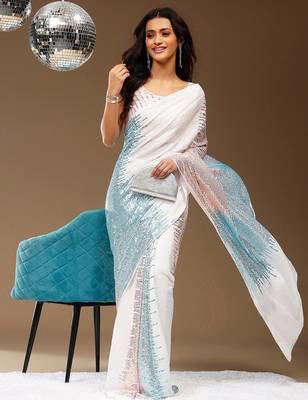White Embellished Georgette Saree with blouse  3