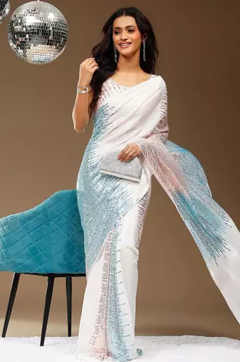 White Embellished Georgette Saree with blouse 