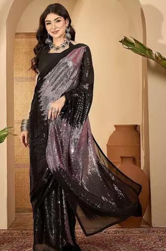 Embellished Sequinned Saree With Unstitched Blouse