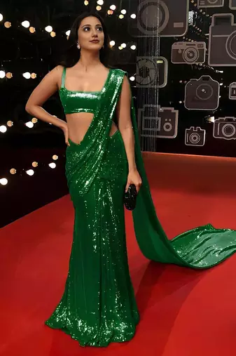 Green Embellished Sequinned Georgette Heavy Work Saree with Blouse