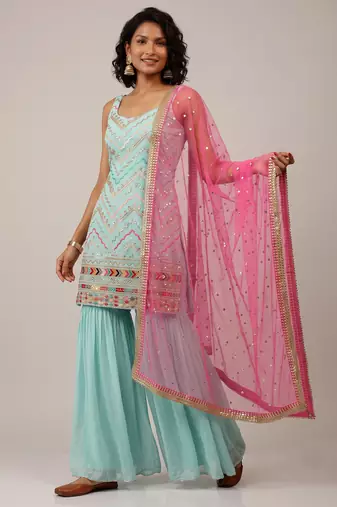 Sky blue faux georgette embroidered sequence party wear salwar suit