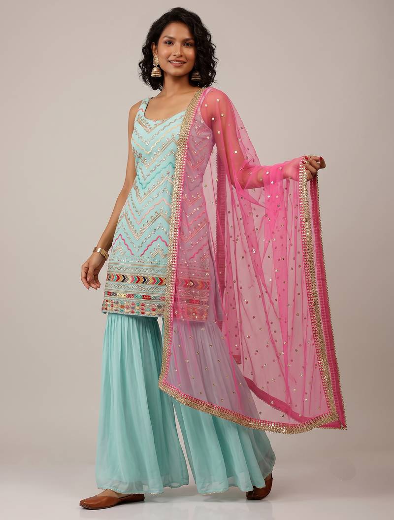 Sky blue faux georgette embroidered sequence party wear salwar suit