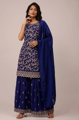 Navy blue blooming georgette elegant embroidered festive salwar suit