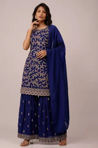 Navy blue blooming georgette elegant embroidered festive salwar suit