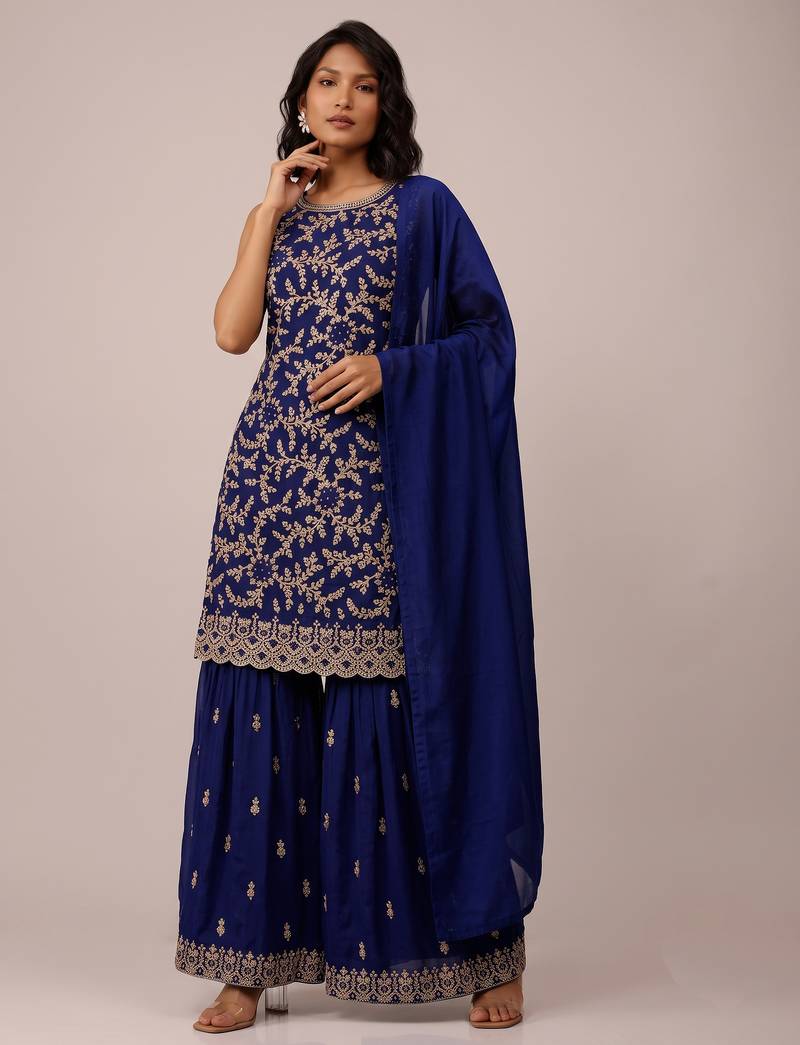 Navy blue blooming georgette elegant embroidered festive salwar suit