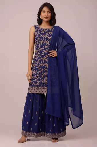 Navy blue blooming georgette elegant embroidered festive salwar suit