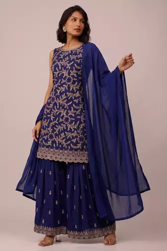 Navy blue blooming georgette elegant embroidered festive salwar suit
