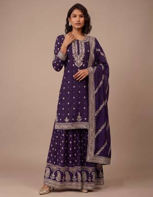 Purple heavy silk blend  cording sequence embroidered celebration salwar suit 3