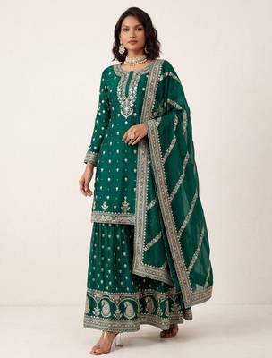 Teal green heavy silk blend cording sequence embroidered designer salwar suit 1