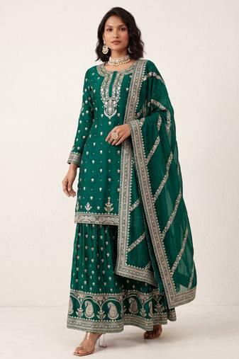 Teal green heavy silk blend cording sequence embroidered designer salwar suit