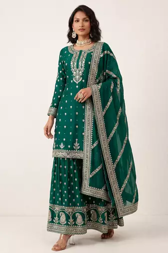Teal green heavy silk blend cording sequence embroidered designer salwar suit