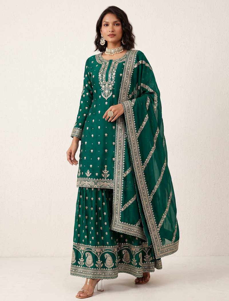 Teal green heavy silk blend cording sequence embroidered designer salwar suit