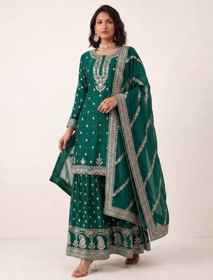 Teal green heavy silk blend cording sequence embroidered designer salwar suit 2