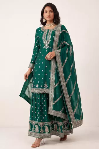 Teal green heavy silk blend cording sequence embroidered designer salwar suit