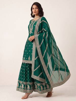 Teal green heavy silk blend cording sequence embroidered designer salwar suit 3