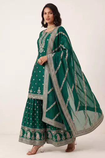 Teal green heavy silk blend cording sequence embroidered designer salwar suit