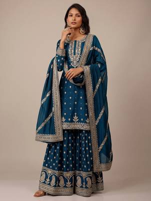 Teal blue heavy silk blend cording embroidered party wear salwar suit 1