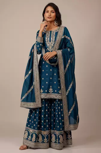 Teal blue heavy silk blend cording embroidered party wear salwar suit
