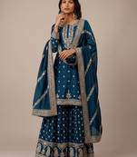 Teal blue heavy silk blend cording embroidered party wear salwar suit