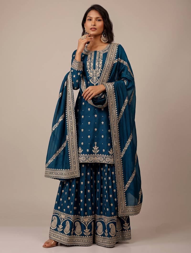 Teal blue heavy silk blend cording embroidered party wear salwar suit