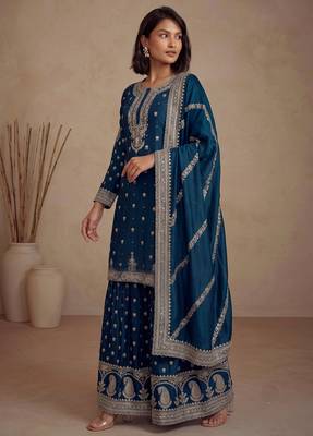 Teal blue heavy silk blend cording embroidered party wear salwar suit 2