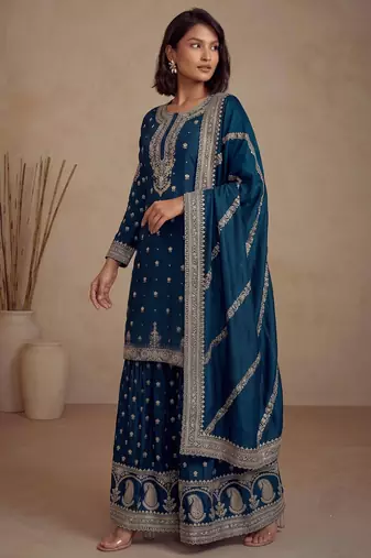 Teal blue heavy silk blend cording embroidered party wear salwar suit