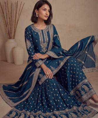Teal blue heavy silk blend cording embroidered party wear salwar suit 3