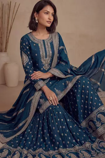 Teal blue heavy silk blend cording embroidered party wear salwar suit