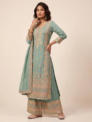 Blue heavy vichitra silk sequence cording embroidered salwar suit 1