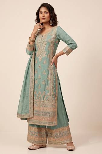 Blue heavy vichitra silk sequence cording embroidered salwar suit