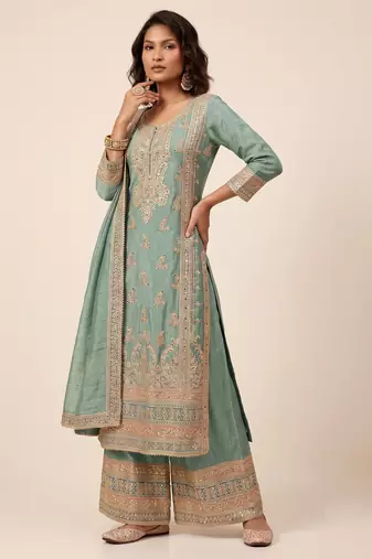 Blue heavy vichitra silk sequence cording embroidered salwar suit