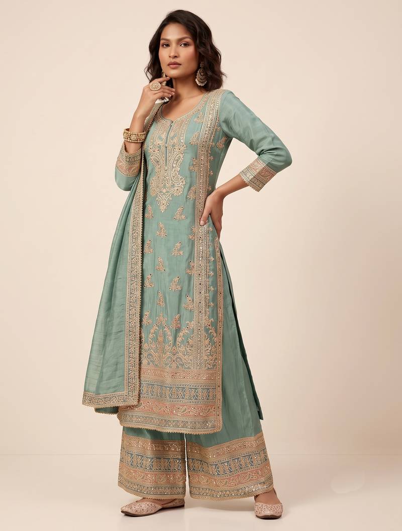 Blue heavy vichitra silk sequence cording embroidered salwar suit