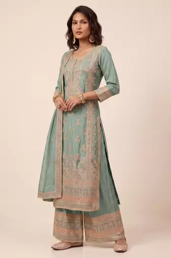 Blue heavy vichitra silk sequence cording embroidered salwar suit