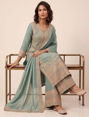 Blue heavy vichitra silk sequence cording embroidered salwar suit 3